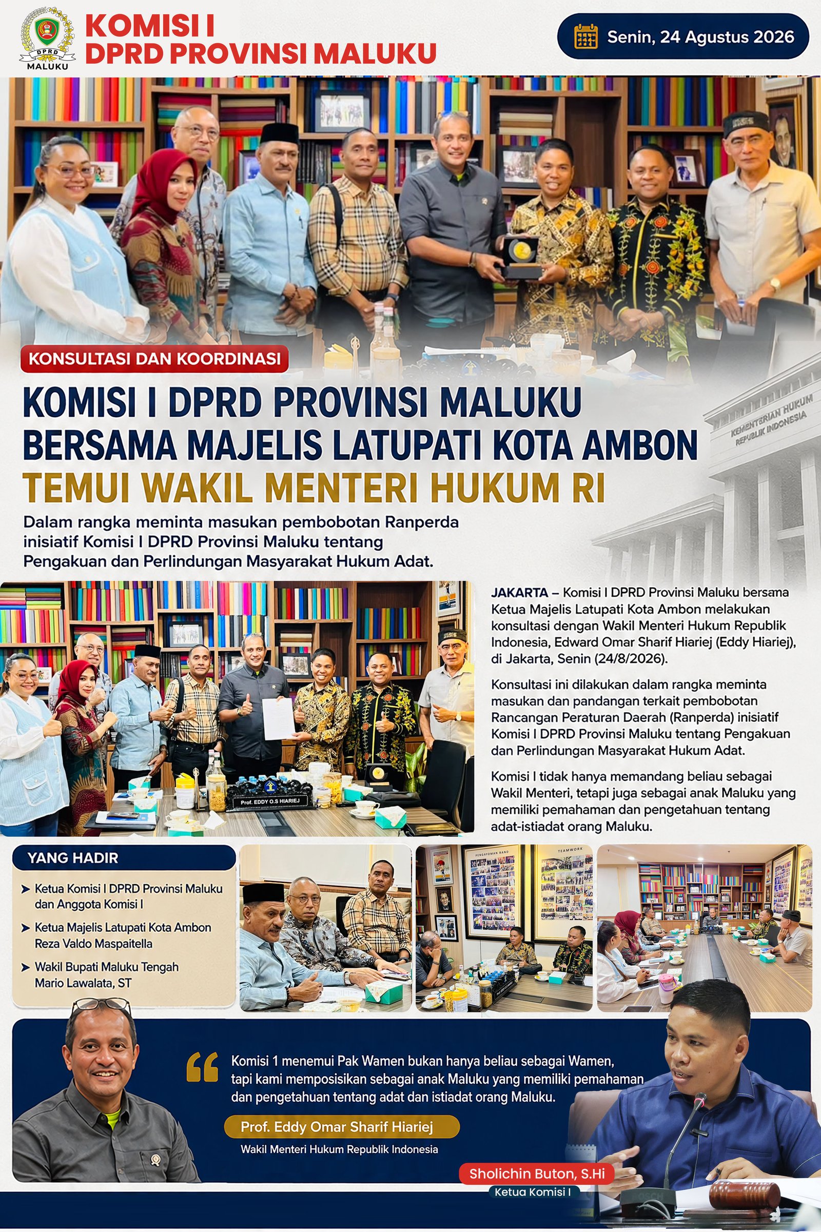 Komisi I DPRD Maluku Konsultasikan Ranperda Masyarakat Hukum Adat dengan Wamen Hukum RI